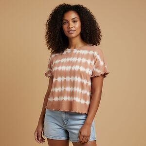 Billabong Women's Orange Tie-Dye Knit Top Size M Short Ruffle Sleeve